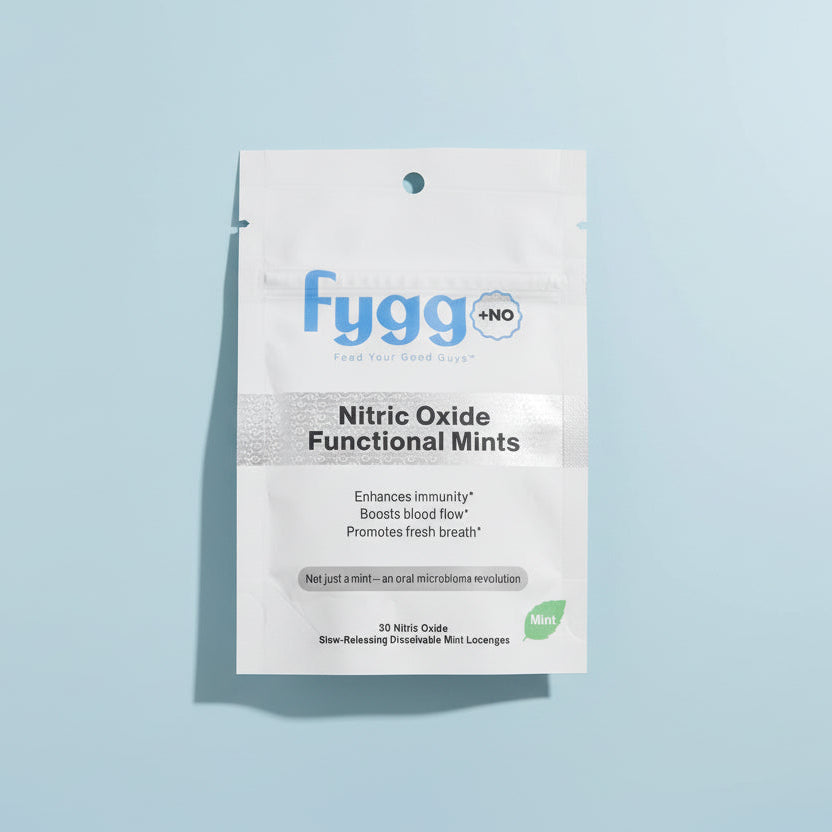 
                  
                    fygg Nitric Oxide Functional Mints package on a light blue surface
                  
                